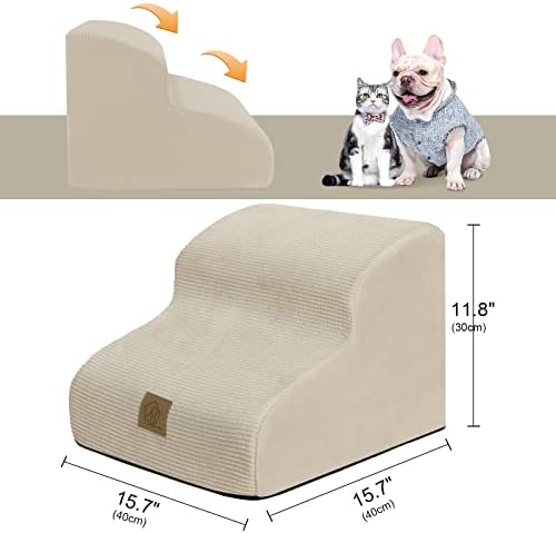 Dog Ramp Stairs 2 Steps for Small Dogs and Cats Beige, Pet Dog Ladder for Sofa Bed, Dogs Cats Ladder Non-Slip Foam with Removable and Washable Plush Cover, Send Lint Roller Set