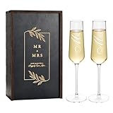 AW BRIDAL Mr and Mrs Gifts Wedding Champagne Flute Set of 2, Bride and Groom Champagne Glasses with Wood Keepsake Box, Engagement Gifts for Women, Bridal Shower and Wedding Gift for Couples