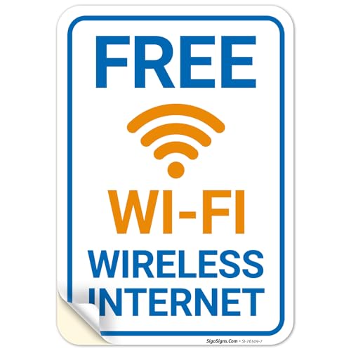 Free WiFi Wireless Internet Sign, 10x7 Inches, 4 Mil Vinyl Decal Stickers Weather Resistant, Made in USA