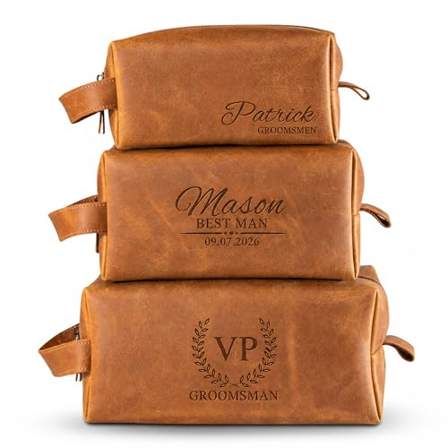 Groomsmen Gifts, Personalized Leather Toiletry Bag for Men, Idea for Groomsman, Travel Pouch for Him, Husband, Dad, Grandpa, Boyfriend, Birthday, Retirement, Anniversary, Wedding, Father Day Gift