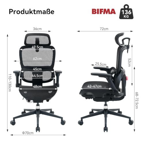 SIHOO B300 Pro Bürostuhl Ergonomisch mit 4D-verstellbare Lendenwirbelstütze | Schreibtischstuhl mit 3D breite Kopfstütze,6D Flip-Up drehbare Armlehnen,atmungsaktives Mesh, 135 °Liegeposition,hoher Rücken, Bild 3