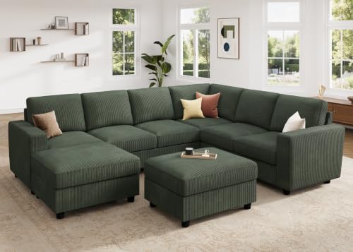 Image of HONBAY Corduroy Sectional Couch with Storage, 8 Seater U Shaped Sectional Sofa Sectional Couches for Living Room, Green