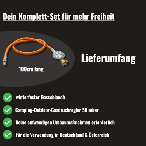 Umrüstset von Schraub Gas Kartusche auf Gasflasche für Gasgrills mit EN417 Schraubkartuschenanschluss Gasdruckminderer 50 mbar Gasschlauch 100cm