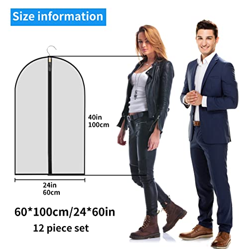 Garment Bags 12 PCS Plastic Clothes Covers Protector Bags Translucent Suit Cover Carrier for Men Women with Zip Waterproof Dustproof Moth Proof Clothes Bags for Wardrobe Storage 24 x 40 inch - Image 2
