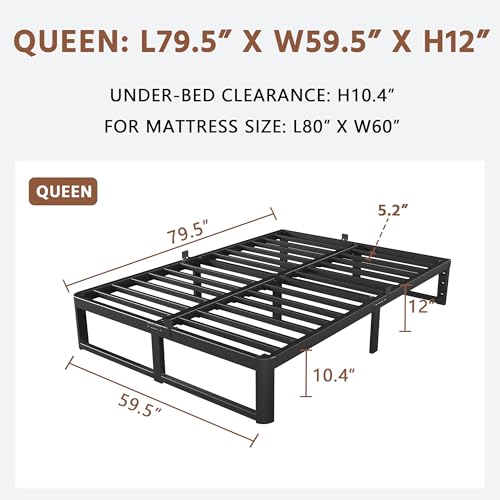 Image of ZTH Queen Size Metal Platform Bed Frame 12 in, No Box Spring Needed, Black | Heavy duty support, Underbed storage, Noise-free design, Anti-slip clips, Rounded legs, Easy assembly, Headboard compatible