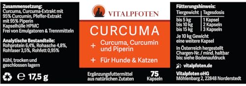 Vitalpfoten 75 Curcuma Kapseln für Hunde und Katzen mit Curcumin und Piperin, Ergänzungsfuttermittel sanfte Dosierung, Herstellung in Deutschland, höchste Reinheit und Qualität