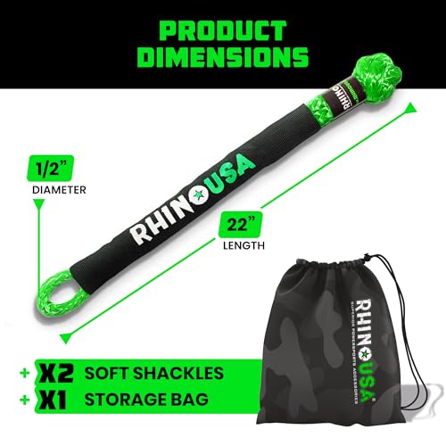 Image of Rhino USA Synthetic Soft Shackle Rope (2-Pack) - 44,050lb Offroad Recovery | 1 /2in x 22in Soft Shackles, 44,050lb Min Break Strength. For Truck, UTV, ATV. Compatible with Jeep, Toyota, Ford. Green