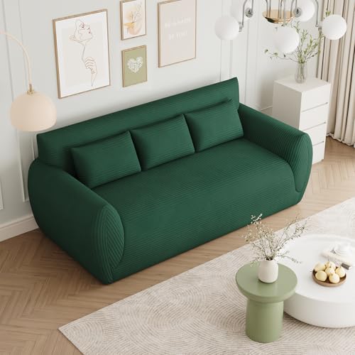 Image of Vesgantti Corduroy Compressed 3 Seater Sofa, No Assembly Required 200cm Floor Sofa, Comfy Couch with 3 Supportive Pillows, Perfect for Living Room,Bedroom,Office,Small Space,200L*94D*80Hcm,Dark Green