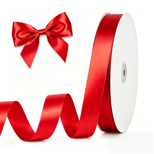 LIUYAXI Double Faced Hot Red Stain Ribbon, 1" X 50 Yards, Use for Gift Wrapping, Flower Bouquets, Bows Making, Wedding Decoration, Christmas