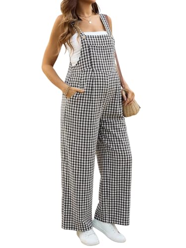 MakeMeChic Women's Maternity Overalls Gingham Print Sleeveless Wide Leg Y2K