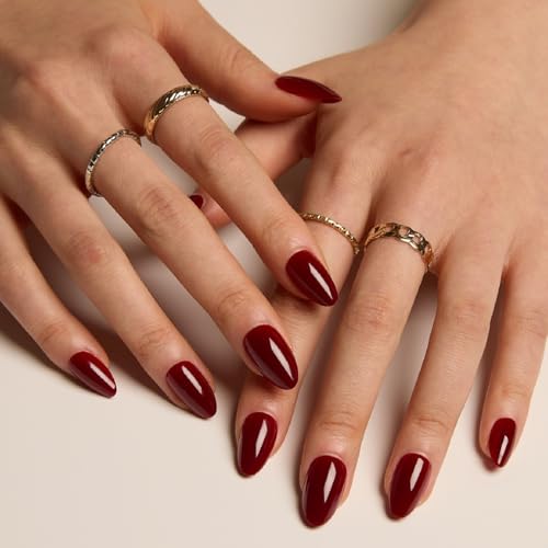 LAMIMOSA Press On Nails Kurz Mandel 32er Set – Burgunderrot Einfarbig Rot Nägel zum Aufkleben, Soft Gel Fake Nails in 16 Größen, Burgundy Red Almond Press Ons, Rot Nägel, TUSCAN RED