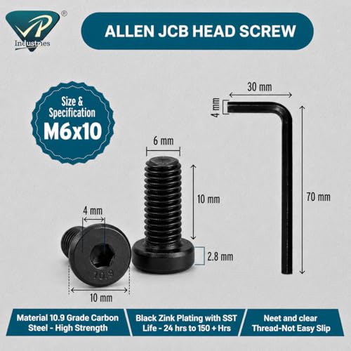 Image of By inchVP INDUSTRIES inch (Pcs-25) M6x10mm Allen JCB Flat Head Screw Black Zinc Plated High Tensile | Allen key Head Screw for Modular Furniture, Wooden Work, Electrical Fittings, DIY & Industrial Use