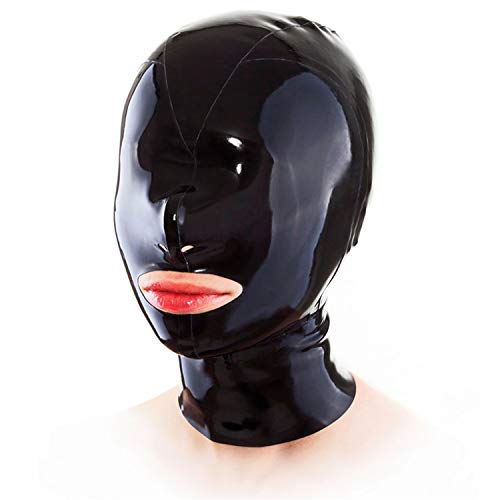 SecondSkin Black Latex Hood Open Eyes Mouth Nose Back Zipper Tight Rubber Mask Club Party Wear (Large)