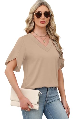 Image of WIHOLL Womens Summer Tops Short Petal Sleeve Shirts Fashion V Neck Womens Clothing
