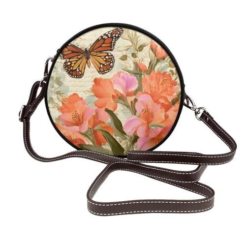 Sac à bandoulière rond vintage cuir végétalien papillon fleur