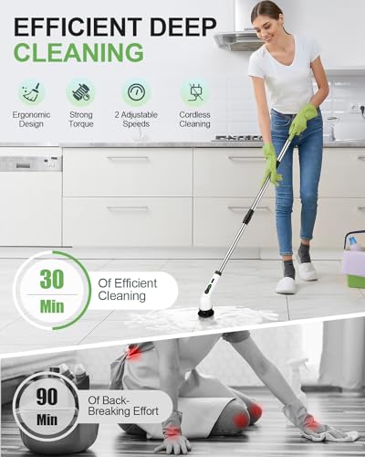Image of Cordless Electric Spin Scrubber, 9 Brush Heads, 2-Speed Motor | Floor cleaning, bathroom scrubber, tile floor scrubber, extension arm, IPX7 waterproof, tub, sink, grout, wet- dry vacuum