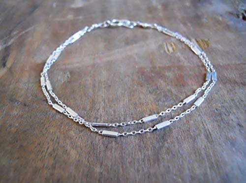 Annika Bella Double Layered Sterling Silver Bracelet, Length 6.5-7.5 Inches, Stranded Satellite Chain Bracelets For Women, Waterproof, Minimalist 925 Women's Bracelet (Satellite Bar Chains) #TOP2