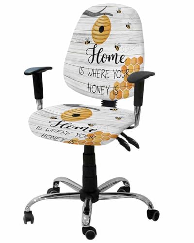 Cartoon Bee 2 Pieces Computer Office Chair Covers Set,Stretchable Desk Rotating Chair Seat Cushion Slipcover Back Covers,Country Vintage Branches Greyish Wooden Grain Slipcover Back Cover Protector
