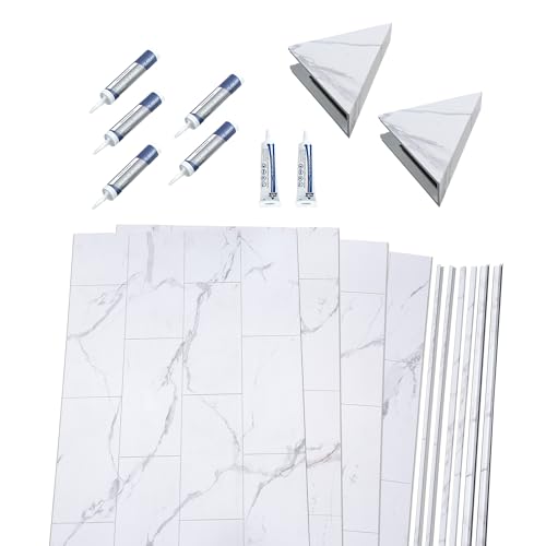 Palisade 78in x 60in x 32in Waterproof Vinyl Shower Surround Kit with Accessories in Carrara Marble - Thumbnail 2