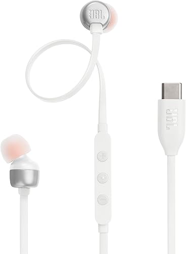 JBL Tune 310C - Auriculares intraurales de alta resolución con cable, cable plano sin enredos, control remoto de 3 botones con micrófono (blanco)