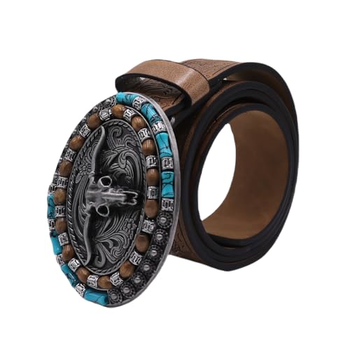 AIBEARTY Western Cowboy Cowgirl Leather Belt Retro Longhorn Bull Buckles Turquoise Embossed Waist Belts for Jeans Pants3