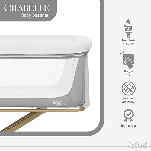 Evolur Orabelle Baby Bassinet & Bedside Sleeper, Breathable Mesh Sides, Plush Mattress Pad with Removable Cover, Tool-Free Assembly, Quick Foldable Steel Frame Compact Design with Travel Bag – Grey by Evolur - Image 4