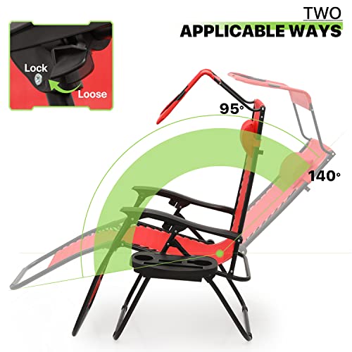 Magshion Lounge Chairs For Outside, Adjustable From 95-140° Patio Folding Reclining Chairs With Canopy, Headrest, Side Accessory Tray, Breathable Mesh, Pack Of 2, Red #TOP4