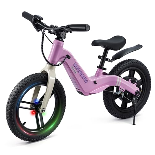 GROWNEER Electric Balance Bike for kids,14-Inch Tires,Ages 3–7,9.3 Mile Range,Lightweight 16.5lbs,3 Speed Settings (3.1/6.2/9.3 mph)Light-up Front Tire & Adjustable Seat, Electric Bike for Kids(Pink)