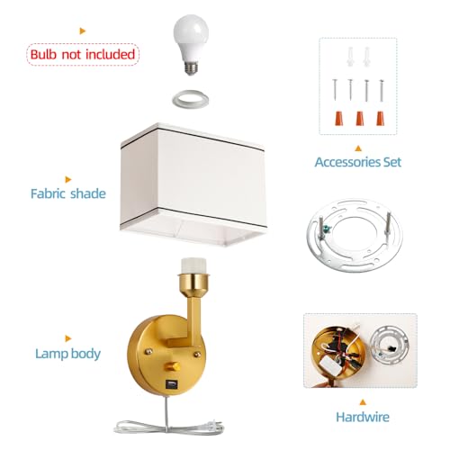 Image of 9.5 inch Wall Sconce with Plug-in Cord, USB Charging Port & Dimmer Switch, White Fabric Rectangular Shade Wall Mounted Lamp for Bedroom, Living Room, Hallway (Gold Finish)