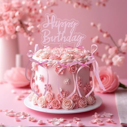 yuboo 10 Pack Bow Cake Topper, Ribbion Pink Bows for Cake with Happy Birthday Topper, Cake Bows for Decorating, Coquette Themed Party Wedding Birthday Bow Cake Decorations Mother's Day Party Supplies