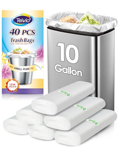 10 Gallon 40 Counts Strong Trash Bags Garbage Bags by Teivio, Bathroom Trash Can Bin Liners, Plastic Bags for home office kitchen, Clear