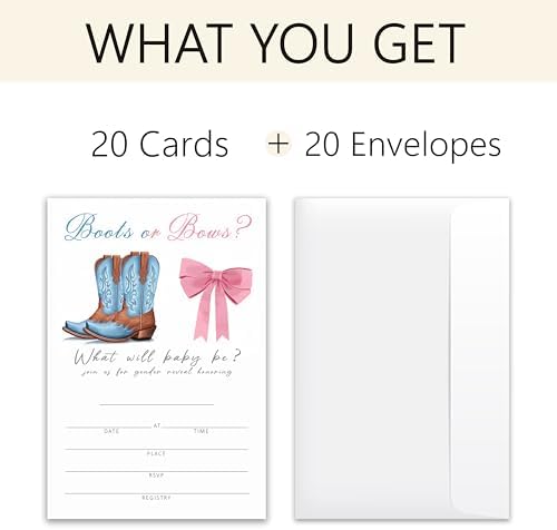Boots or Bows? - Gender Reveal Party Invitations - 20 Invitation Cards 4"x6" with 20 Envelopes -What Will Baby Be?.(120) — 사진 3