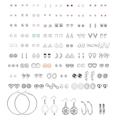 SAILIMUE 84 Pairs Assorted Multiple Stud Earrings Hoop Set Dangle Cute Hypoallergenic CZ Bow Butterfly Flower Leaf Ball Simple Drop Earrings Stud for Women Pack Silver