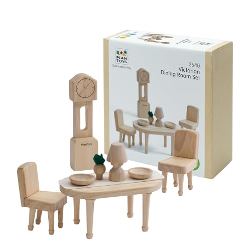 PlanToys® Wooden Victorian Dining Room Set | Montessori Dollhouse Dining Setup for Social Interaction, Mealtime Play & Imaginative Storytelling | Eco Friendly Wooden Dollhouse Dining Furniture