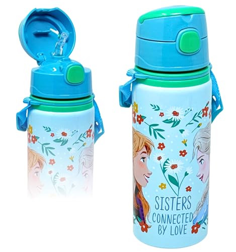 Clondo Gourde pour enfants pour fans de la Reine des Neiges de 3 à 10 ans 600 ml en aluminium avec paille et bandoulière | Bouteille d'eau anti-goutte pour crèche et école | Idée cadeau avec étiquette