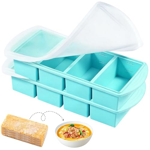 Silicone Freezer Trays with Lids (2 Pack) - 1 Cup & 1/2 Cup Portion Control, Leak-Proof Soup & Sauce Containers, Dishwasher Safe for Meal Prep