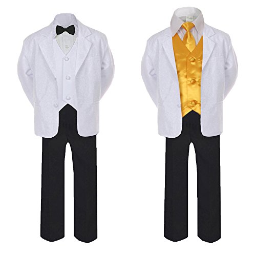7pc Boy Formal Black & White Suit Tux Set Satin Necktie & Vest Baby Sm-20 Teen