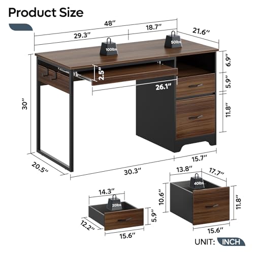 Image of Bestier 48 inch Computer Desk with Drawers, Office Desk with Storage, Industrial Wood Writing Desk with File Drawer, Keyboard Tray & 2 Hooks for Home Office & Studio, Cherry