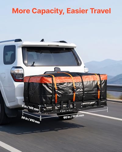 Image of VEVOR Hitch Mount Cargo Carrier, 60 inch x 36 inch x 6 inch Folding Rear Luggage Rack Basket with Waterproof Cargo Bag, 500LBS Capacity High-Strength Steel Hitch Cargo Carrier Fits 2 inch Receiver for SUV Pickups