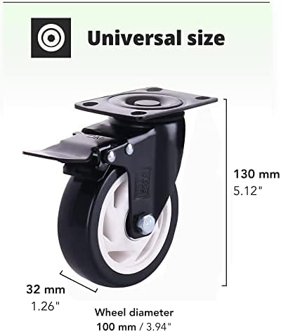 H&S 4 Castor Wheels Heavy Duty 600KG 100mm PU Swivel Trolley Furniture Caster with Brakes Black