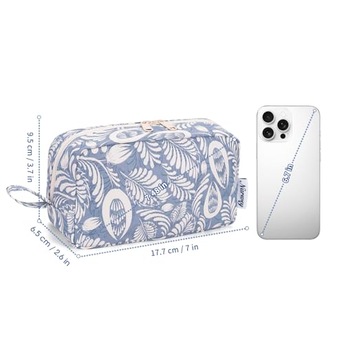 Image of Narwey Makeup Bag, Mini Makeup Pouch with Zipper, Organized Pockets for Women (Blue Leaf, Small)