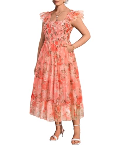 RITERA Plus Size Smocked Dress 2X Women Summer Sleeveless Tulle Midi Dresses Pink Square Neck Wedding Guest Dress Chiffon Ruffle A-Line Floral Boho Tiered Beach Sundress with Pockets 2XL 18W 20W