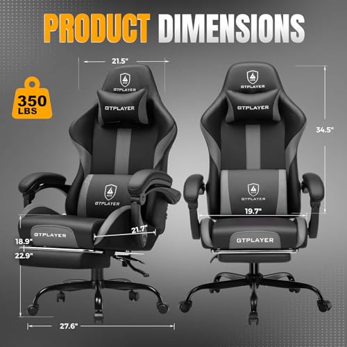 Image of GTPLAYER Gaming Chair with Pocket Spring Cushion, Leather Office Chair with Ergonomic High Back & Lumbar Support for Back Pain Relief, Computer Game Chair for Adults, Gray