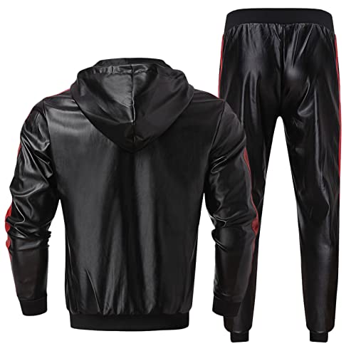 YHEGHT Terno masculino patchwork casaco de couro com capuz calças de couro duas peças PU terno espor