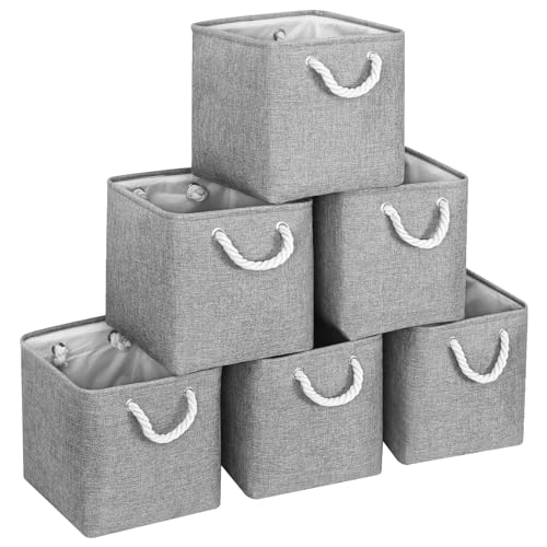Large 11x11 Inch Cube Storage Bins with Cotton Handles for Closet, Shelves, Clothes, Toys, Towel (Gray-6 Pack)