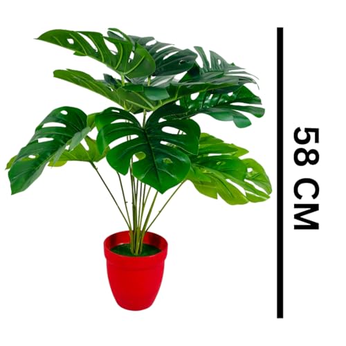 Image of Dekorly Artificial Palm Plants Leaves Faux Turtle Leaf Fake Monstera Tropical Large Palm Tree Leaves Outdoor UV Imitation Leaf Decorations (Red Pot Monstera)