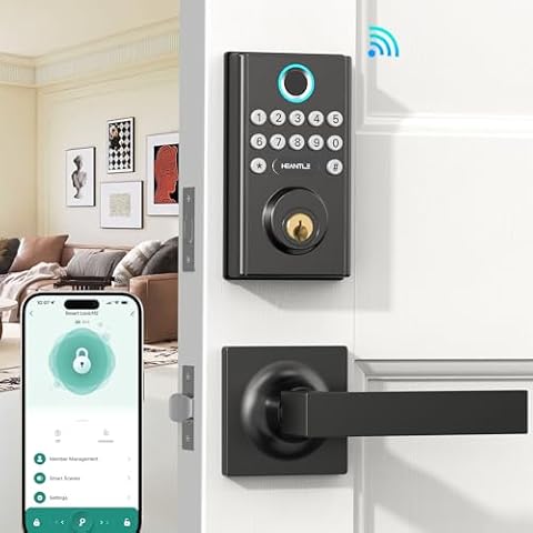 WiFi Front Door Lock Set - HEANTLE Keyless Entry Door Lock with Deadbolt Handleset Keypad Smart Locks Fingerprint Deadbolt Lockset APP Remote WiFi Control Alexa Voice Bluetooth Auto Lock Cover