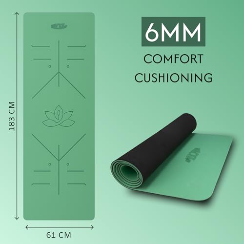 Image of Whackk TPE Laser Engraved Position Marking Yoga Mat|Pink & Purple Dual Colour|6 mm TPE Non-Slip Mat with Carry Strap|Lightweight & Eco-Friendly Non Toxic I Exercise and Fitness (Green, 6mm)