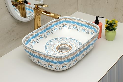 Image of Moroccan Design Ceramic Tabletop Wash Basin | Countertop Vessel Sink | Wash Basin over counter For Bathroom Hotel Home (18x13x5.5 Inch) (TORO 4014) (Moroccan Design 110)