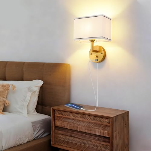 Image of 9.5 inch Wall Sconce with Plug-in Cord, USB Charging Port & Dimmer Switch, White Fabric Rectangular Shade Wall Mounted Lamp for Bedroom, Living Room, Hallway (Gold Finish)